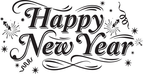 happy new year decorative calligraphy lettering with ornamental flourishes for holiday celebration