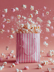 A striped bag overflows with popcorn on a pink surface. Colorful pieces scatter around as popcorn bursts out, creating a playful and fun atmosphere perfect for sharing during movies.