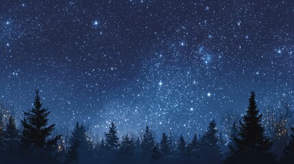 Naklejka premium Starry night sky over forest silhouette in winter landscape