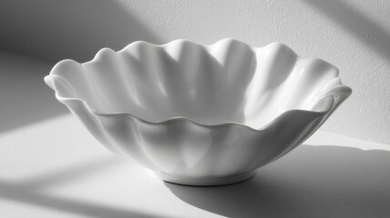 Elegant white porcelain bowl with scalloped edge in soft sunlight