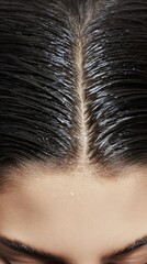 Close-up of asian female's clean, wet hair parting with healthy shine