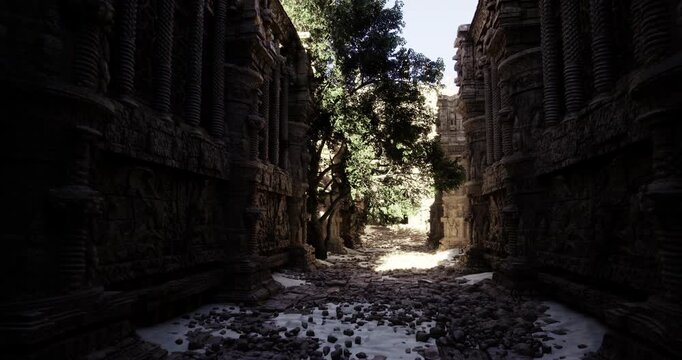Ruins of an ancient structure are surrounded by tall trees and scattered stones. Sunlight filters through the foliage, illuminating the pathway, revealing the beauty of nature reclaiming the space.
