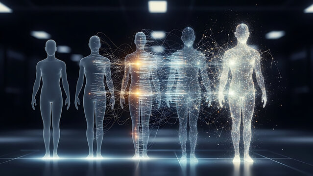 Illustration of futuristic human figures with glowing lines and particles in a dark room with technology integration - Powered by Adobe