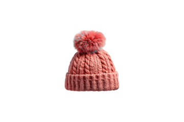 pink pom pom winter beanie isolated on white background, knitted hat with fluffy top for cold weather