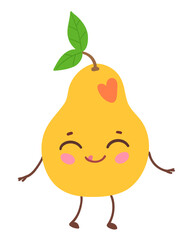 Vector illustration of a cute pear with smiling face and green leaves. Flat isolated fruit object.