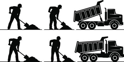 Construction workers shoveling dirt and dump trucks in silhouette sand © rayhan039