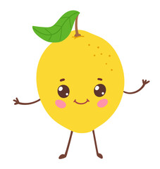 Vector illustration of a cute yellow lemon with a smiling face, pink cheeks, and big eyes. Flat isolated fruit character design, perfect for kids and educational materials.