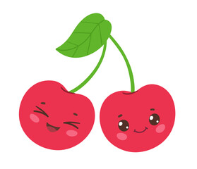 Vector illustration of two cute cherries with smiling faces and green leaf. Flat isolated fruit object.