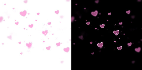 Pink glowing hearts scattered on black background with soft light clusters. Romantic abstract illustration for love themes, Valentine&rsquo;s Day designs, banners, posters and digital backgrounds.