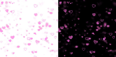 Abstract pink glowing hearts floating on black background. Romantic love pattern illustration for Valentine’s Day, wedding designs, social media backgrounds and decorative modern compositions.