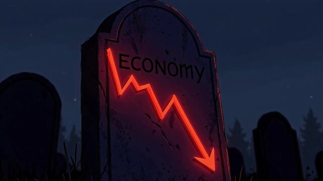 Economy Gravestone against Stock Investment Chart Economic Depression Recession Loss Crisis Finance Bankruptcy Cartoon