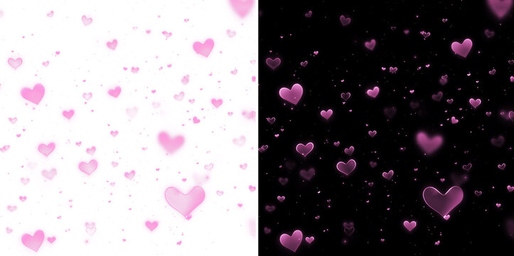 Abstract pink glowing hearts floating on black background. Romantic love pattern illustration for Valentine&rsquo;s Day, wedding designs, social media backgrounds and decorative modern compositions.