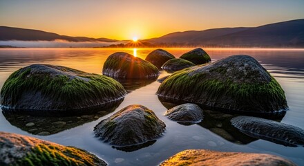 Tranquil Sunrise Over a Misty Lake Reflected in Calm Waters with Moss-Covered Rocks in the Foreground