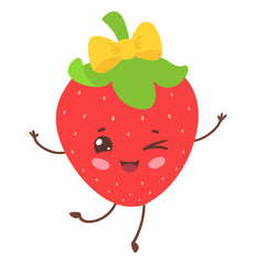 Vector illustration of a cute strawberry with smiling face and yellow bow. Flat isolated fruit object.