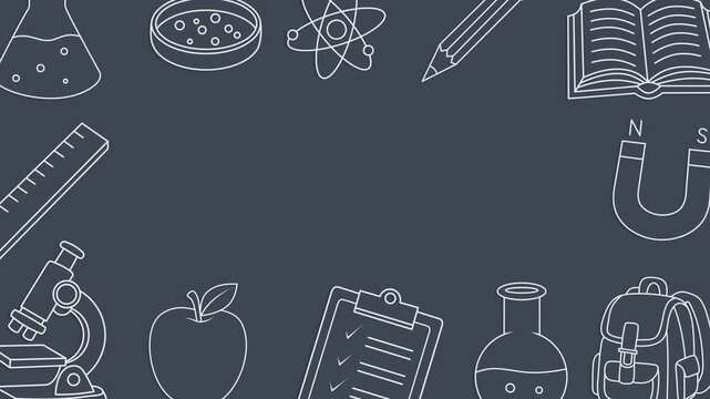 Animated background with school and science supplies for physics, chemistry, and geometry. Back to school. School background for video. Science supplies floating in the air.
