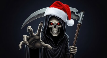 grim reaper with santa hat reaching forward in dark holiday fantasy concept