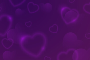 Romantic and soft purple background with glowing and blurred translucent hearts in various sizes. Valentines day abstract backdrop. Ideal for love designs, banner, greeting card.