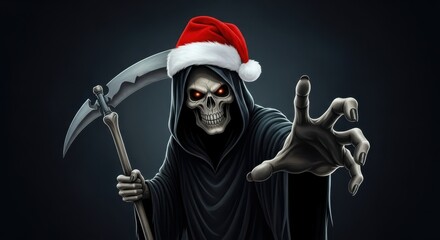 grim reaper in santa hat reaching out with red glowing eyes and scythe