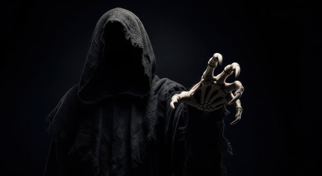 mysterious cloaked reaper extending skeletal hand in darkness