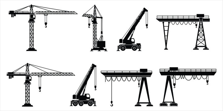 Various types of construction cranes and lifting equipment icons mobile crane gantry crane