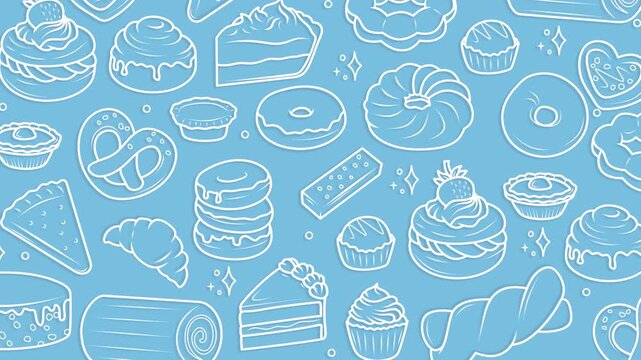 Animated background with illustrated pastries: cakes, croissants, donuts, muffins, pretzels, cookies, and sweets. Suitable for advertising sweets, cafes, and pastry shops.