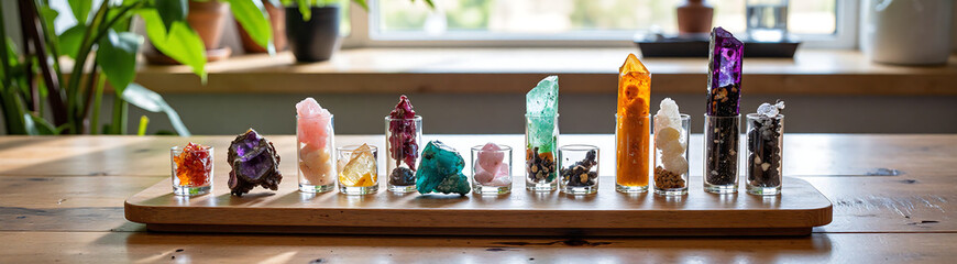 colorful array raw gemstones mineral samples carefully arranged within transparent glass vials sleek minimalist wooden table