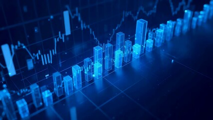 Digital financial chart with glowing bars and rising market graph showing analytical trading data and modern investment performance display - Powered by Adobe