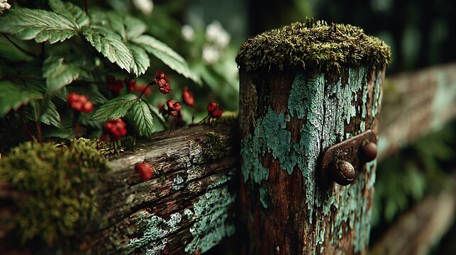 Rustic wooden post covered in soft moss illustrator