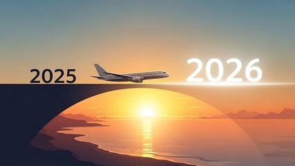 Sunset airplane flying from 2025 to 2026 over ocean cliff transition with warm gradient sky flight