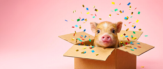 Piglet Peaks out from Opened Box with Confetti Flying out, Clean Pink Studio Background
