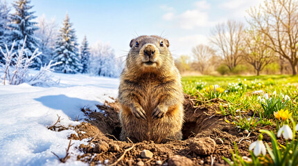 Groundhog Emerging from Burrow, Split Winter and Spring Background