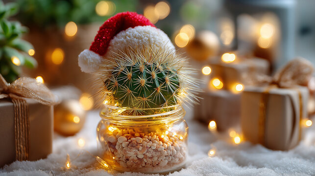 Festively decorated cactus wearing Santa hat with Christmas lights surrounded by gifts and lantern in snowy landscape, defocused desert plant holiday, succulent celebration, with c