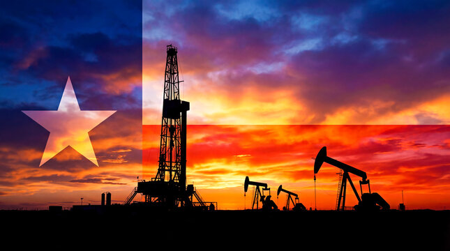 Dark Silhouette of Oil Drilling Rig and Pumpjacks, Sky with Waving Texas Flag Overlay Effect 