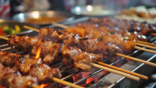 Grilled meat shish kebab on skewers cooking over a hot grill for a bbq picnic meal