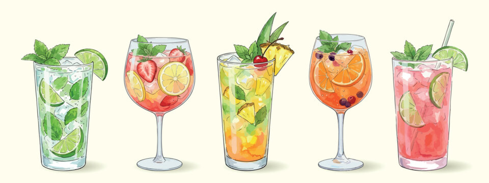 Colorful non alcoholic mocktail set with Virgin Mojito, Strawberry Lemonade, Pineapple Cooler, Watermelon Fizz and Spritz, vectors isolated on light