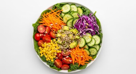 Vibrant and nutritious salad bowl, bursting with a colorful medley of fresh garden vegetables, wholesome grains, and healthy seeds, offering a delightful and balanced meal option