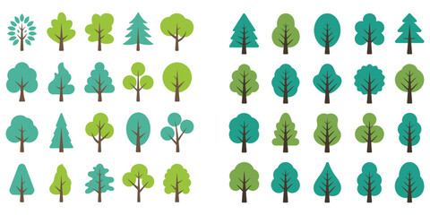 Set of green trees and blue flowers vector icons collection