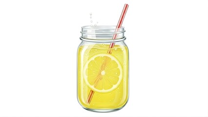 Fototapeta premium Fresh lemonade in mason jar with slice and straw, isolated on white background