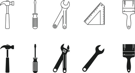 Collection of hand tools isolated on transparent background
