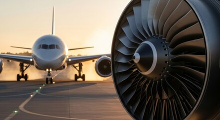 Close-up of a powerful jet engine turbine and an airplane on a runway ready for takeoff during sunset