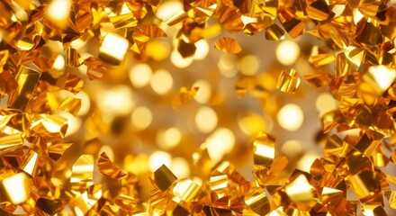 Golden confetti falling, creating a dazzling celebration backdrop with bokeh effect
