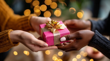 African American faceless person and Asian faceless person joyfully exchanging beautifully wrapped gift during festive holiday celebration surrounded by twinkling lights and warm a