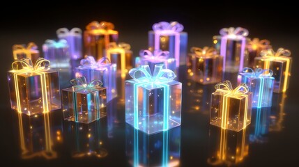 A cluster of transparent, glowing gift boxes with colorful lights, bows, and reflections set against a dark background, suggesting celebration