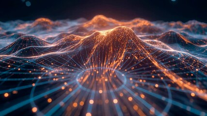 Flowing digital energy landscape with glowing data nodes and wave patterns, advanced network visualization showing information movement and connectivity - Powered by Adobe
