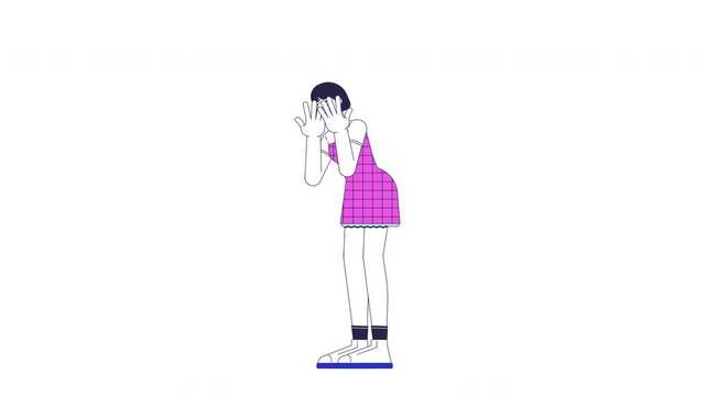 Happy asian woman crying suddenly 2D character animation. Mood change. Bipolar disorder. Shedding tears. Crybaby girl feeling sad animated person cartoon 4K video isolated on white transparent