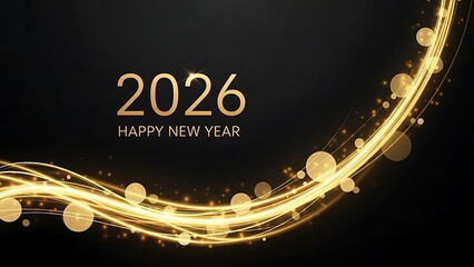 Golden glowing abstract light trails and bokeh with 2026 Happy New Year text on dark background celebration