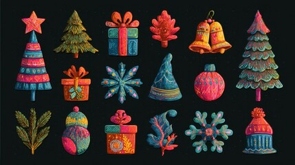A collection of festive, colorful, and textured illustrations of Christmas trees, gifts, ornaments, snowflakes, and bells against a dark background