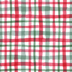 Christmas Checkered red green Seamless Pattern. Watercolor illustration of a festive Print. Hand drawn vintage sketch on white isolated background. Water color painting art. Ideal for paper, fabrics