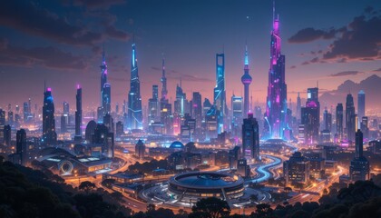 Beautiful futuristic smart city skyline illuminated at night featuring advanced architecture, glowing neon lights, and innovative urban design