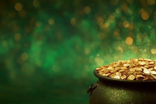 Pot of gold coins on green bokeh background